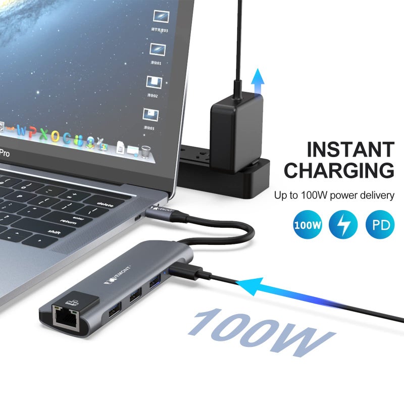 VEMONT 5 in1 USB C hub, Type-c multiport Adapter with Gigabit Ethernet, 3 USB 3.0 hub for Data, 100W Power Delivery, USB hub for Laptop MacBook or ipad, and Other USB C Devices - Image 5